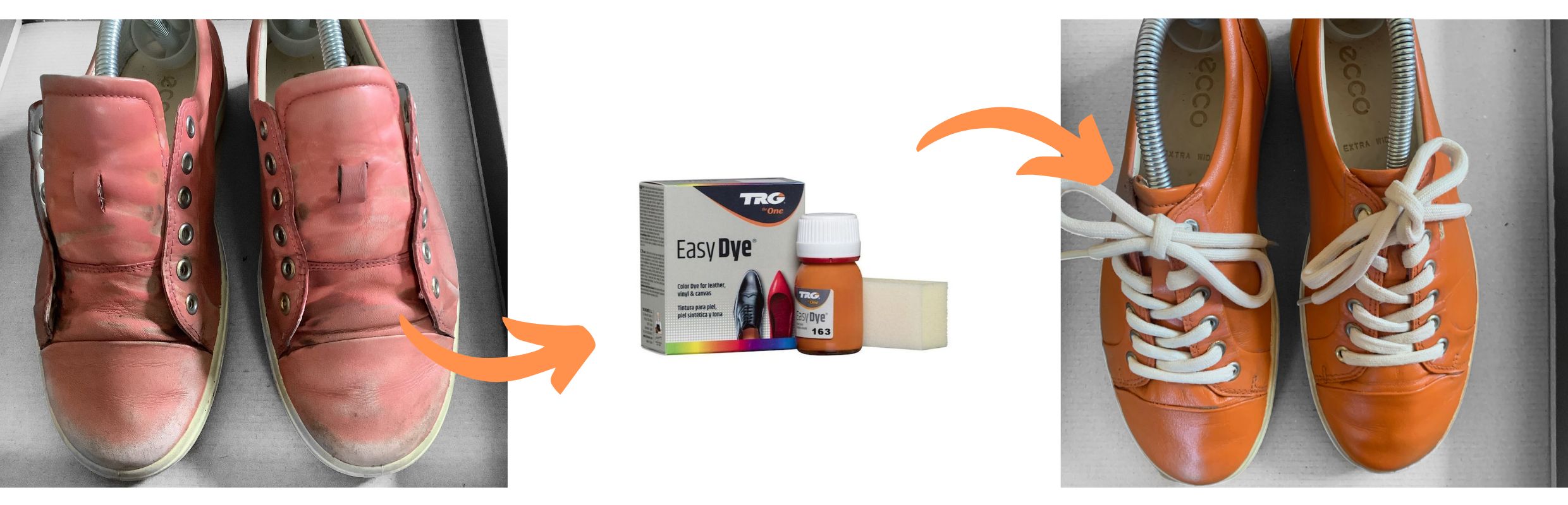 Oranžové barvy na kůži koženku plátno textil Easy dye 163 pale orange trg the one nabarvení starých oranžových bot